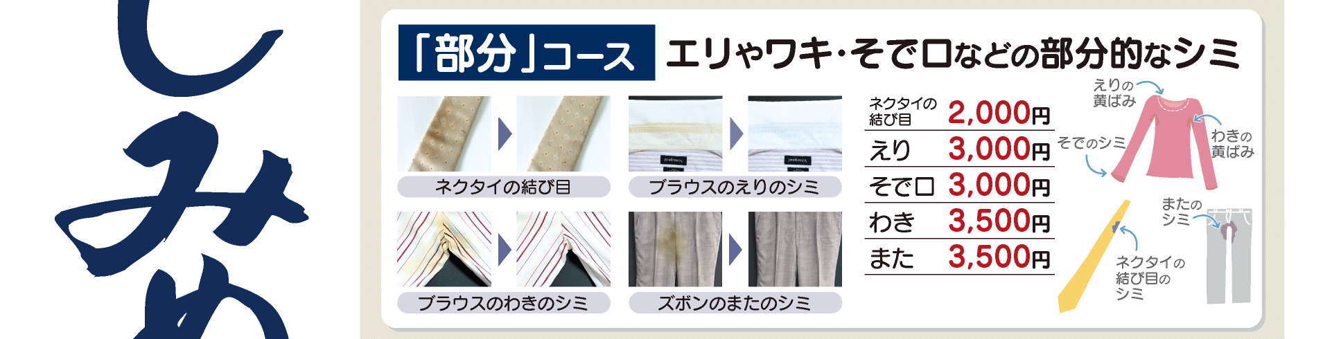 誉しみぬき「部分」コース　結び目2,000円、えり3,000円、そで口3,000円、わき3,500円、また,500円 